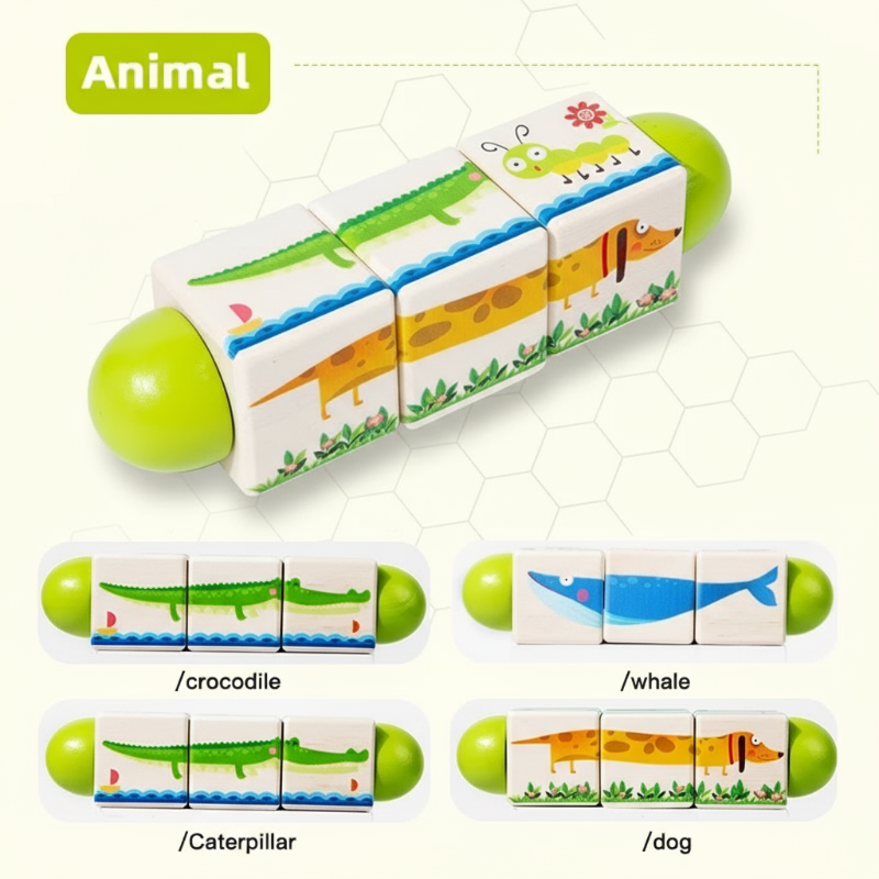 Green-ended animal puzzle with crocodile, whale, caterpillar, and dog picture options