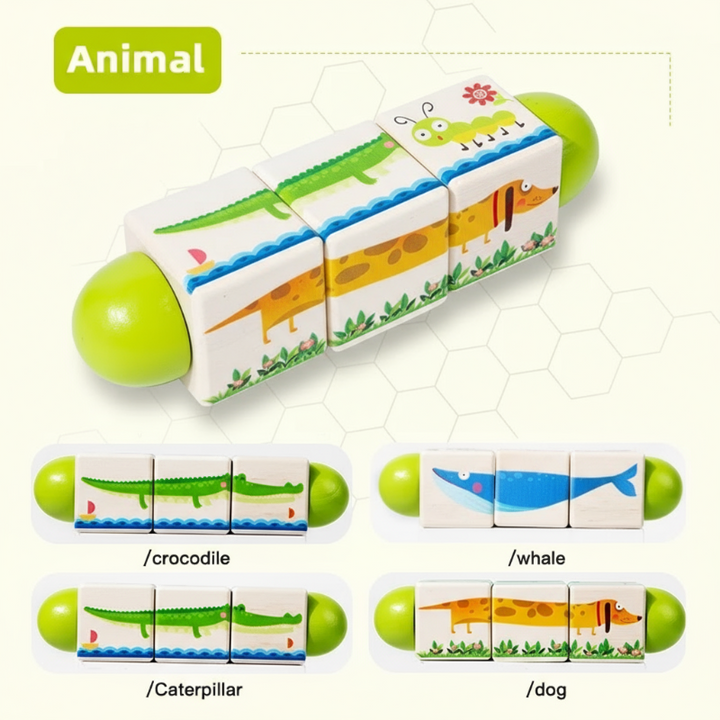 Green-ended animal puzzle with crocodile, whale, caterpillar, and dog picture options