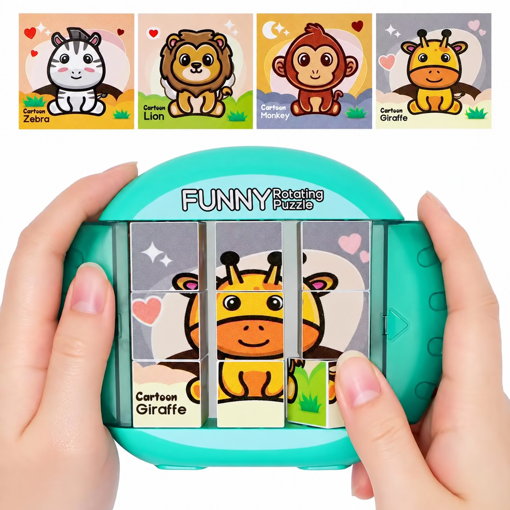 Green animal rotary puzzle held in two hands, with zebra, lion, monkey, and giraffe designs shown above