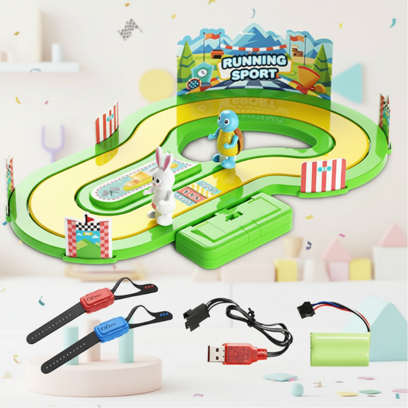 Green racing set with animal figures, wearable sensors, a battery, and USB charging accessories.