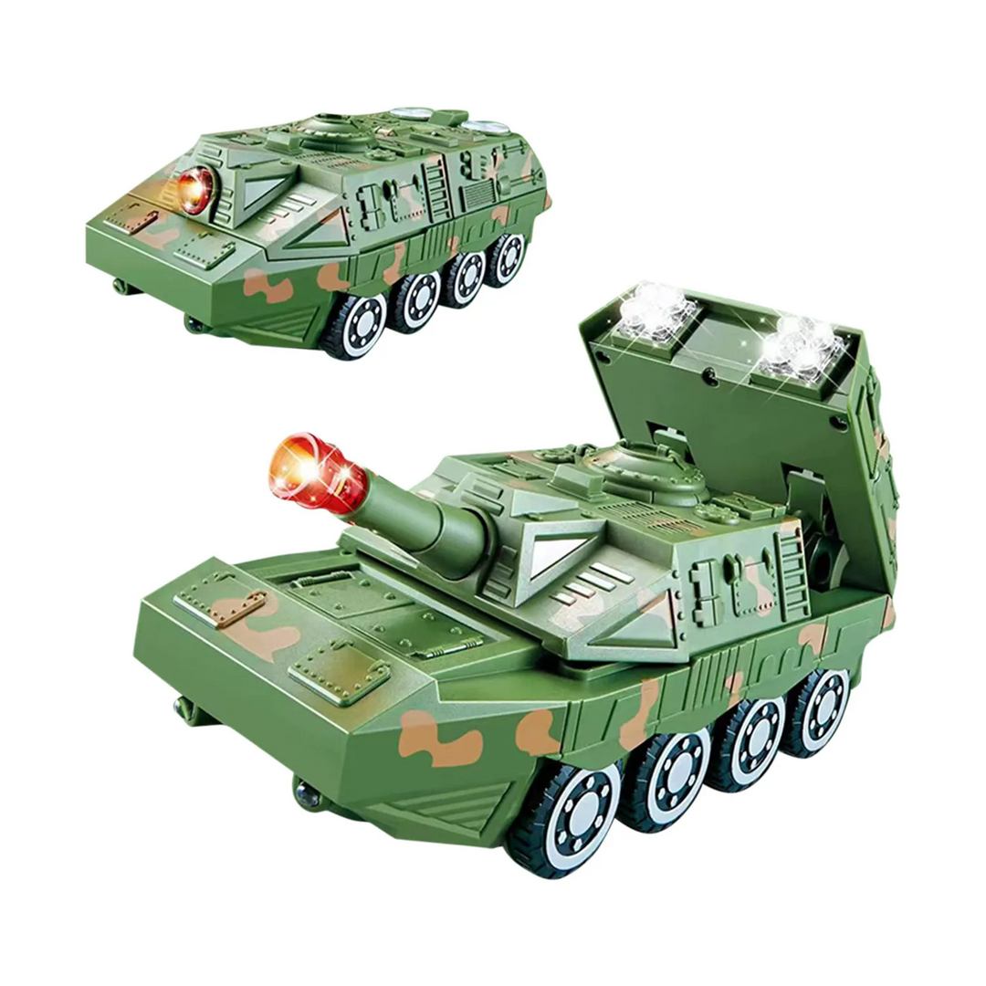 Green armored car toy shown changing into a tank with a raised panel and cannon