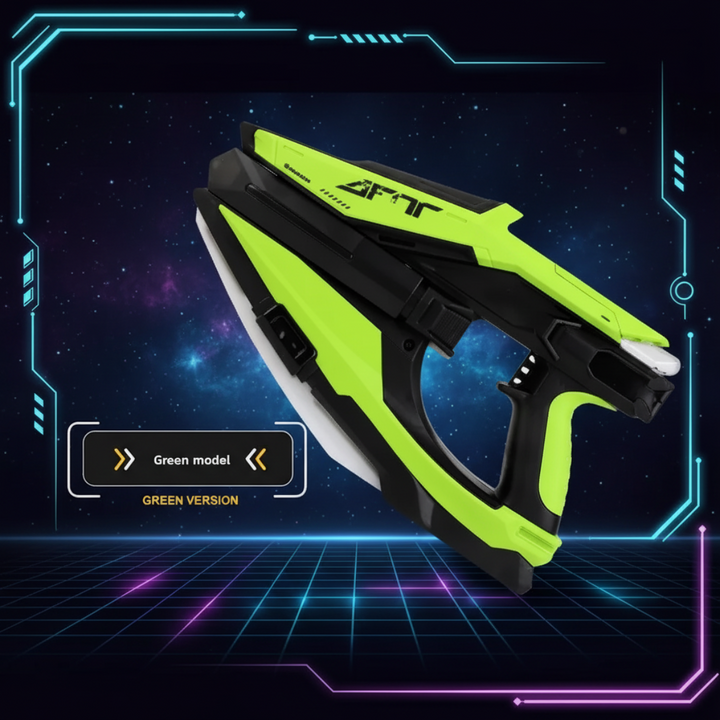 Green and black automatic water blaster on a neon-style background