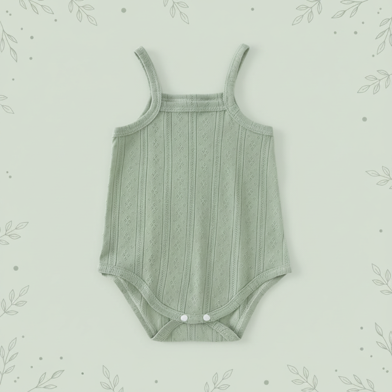 Green ribbed cotton baby bodysuit with white bottom snaps on a botanical background