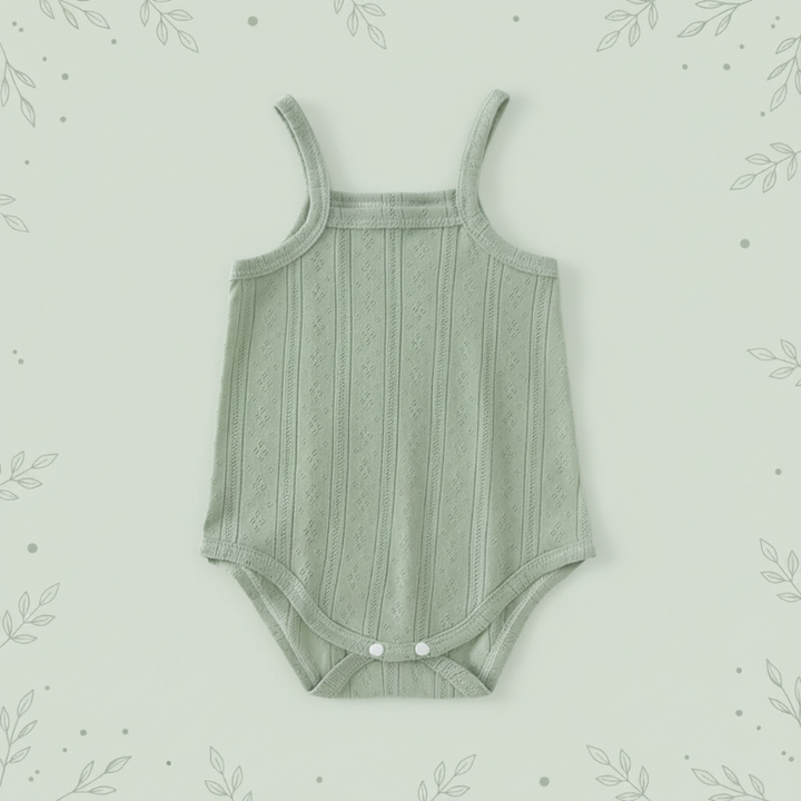 Green ribbed cotton baby bodysuit with white bottom snaps on a botanical background