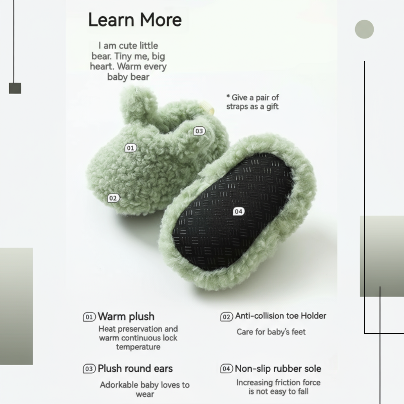 Green plush baby booties showing rounded ears and a textured black rubber sole