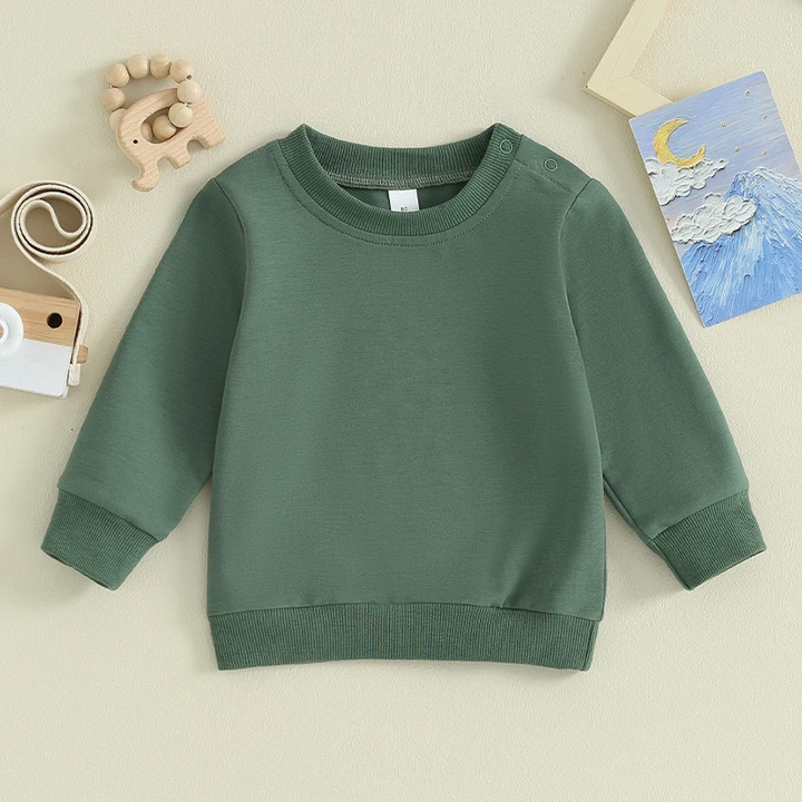 Green crewneck baby sweatshirt laid flat with long sleeves and ribbed cuffs