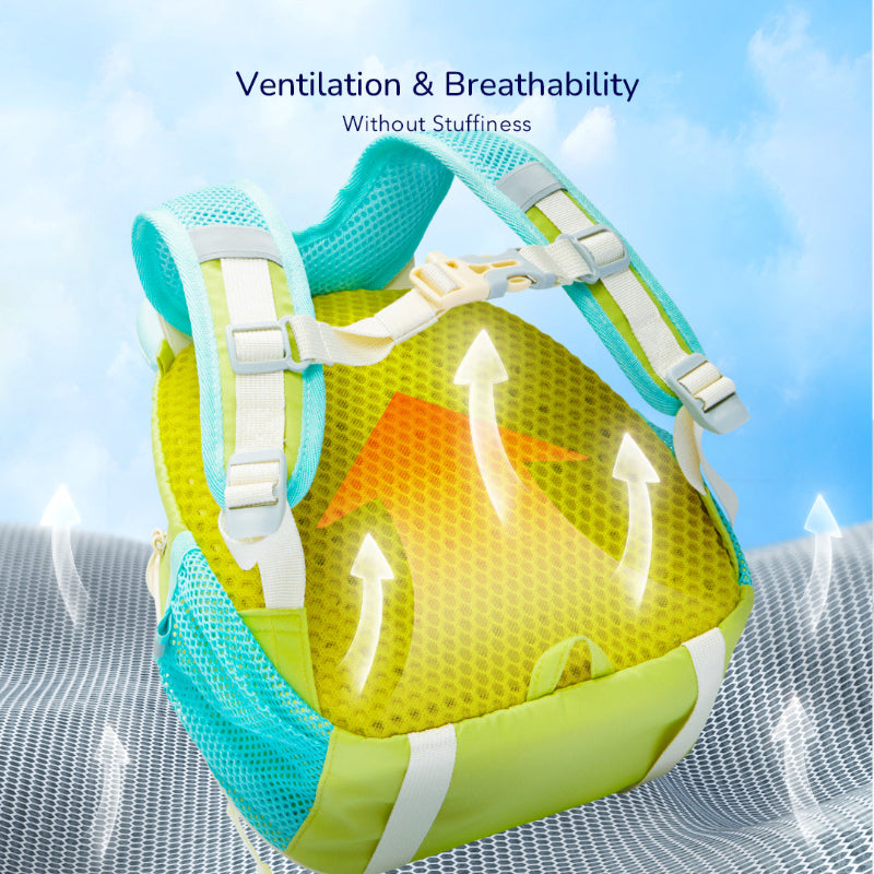 Rear view of a green backpack showing mesh padding, shoulder straps and a chest buckle