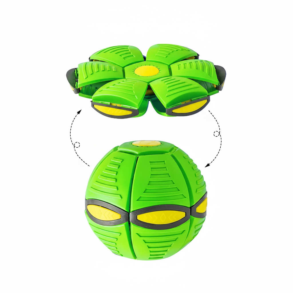 Green ball toy shown as a flat disc and round ball with transformation arrows