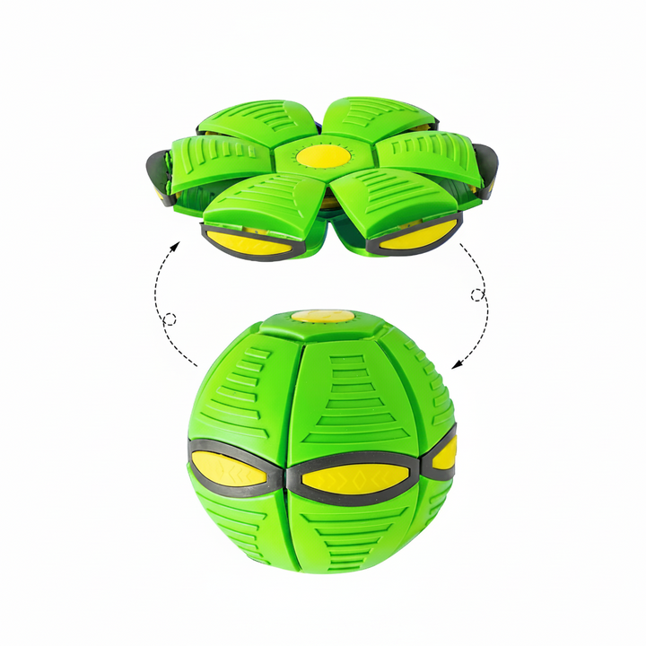 Green ball toy shown as a flat disc and round ball with transformation arrows