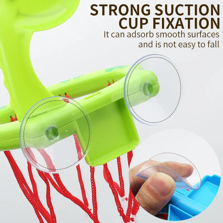 Close-up of two clear suction cups on the back of a green bath basketball hoop
