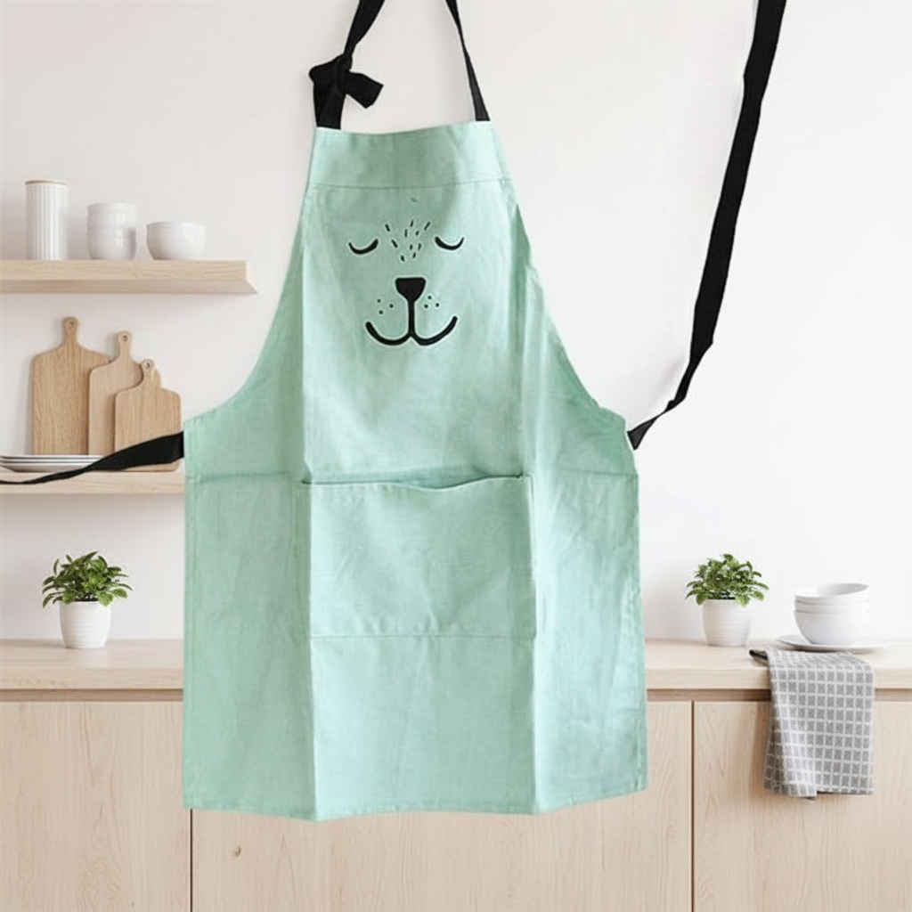 Green bear apron with black neck and waist straps displayed in a kitchen