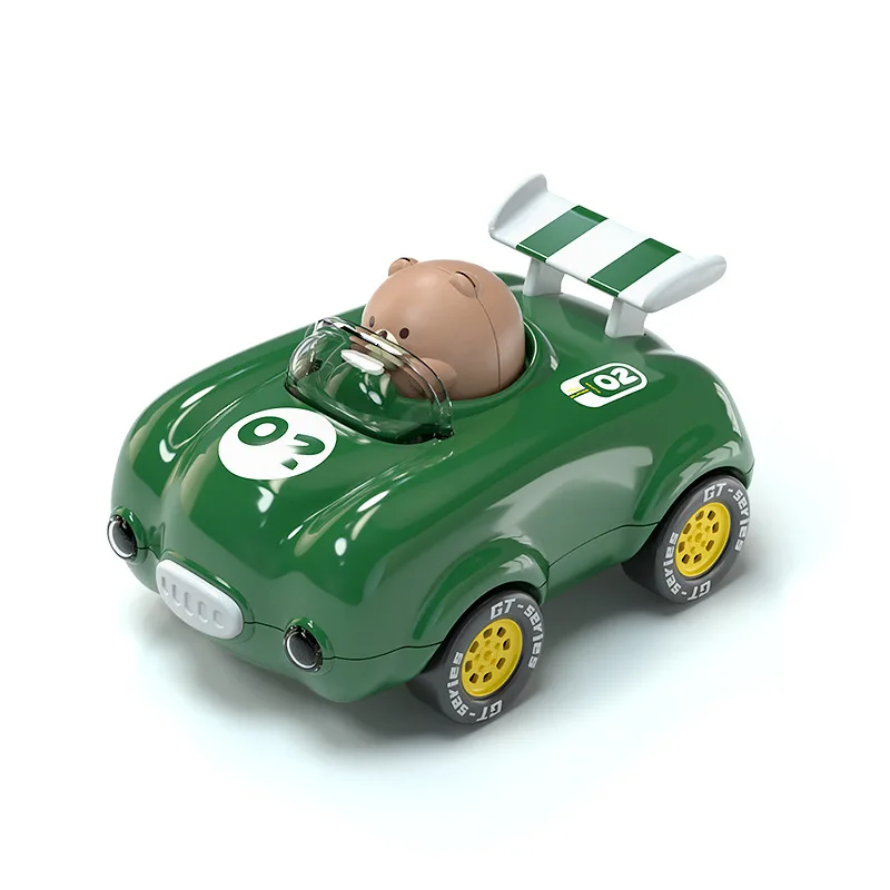 Green toy race car with bear driver, yellow wheel centers and green-striped rear spoiler