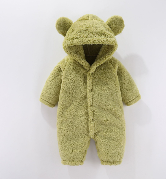 Green hooded fleece baby romper with long sleeves and cuffed legs