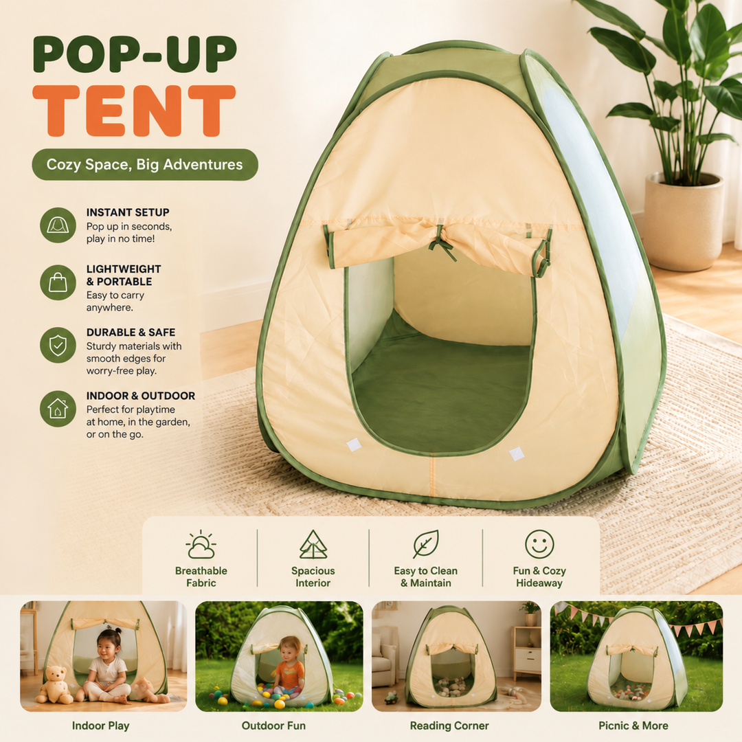 Green and beige pop-up play tent with an open doorway and indoor and outdoor play examples.