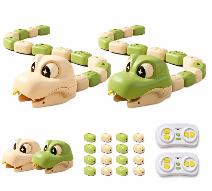 Green and beige remote-control snake toys with body segments and white wireless controllers
