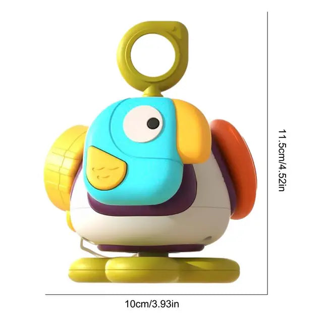 Green-accented bird sensory toy with measurements of 10 cm wide and 11.5 cm tall