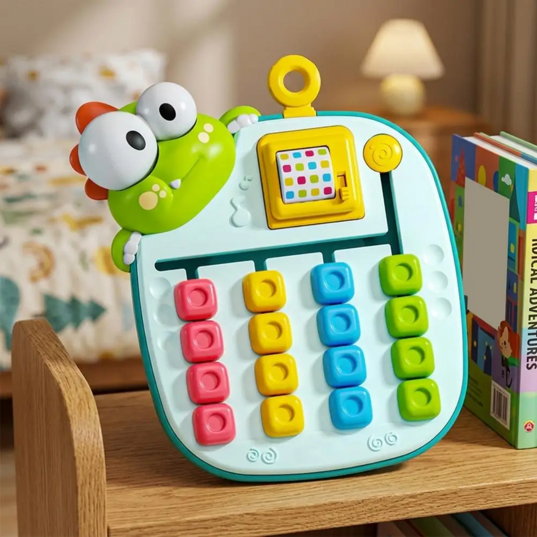 Green bird-themed sliding puzzle standing on a wooden shelf beside books