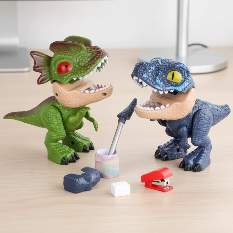 Green and blue dinosaur figures displayed with stationery tools on a desk