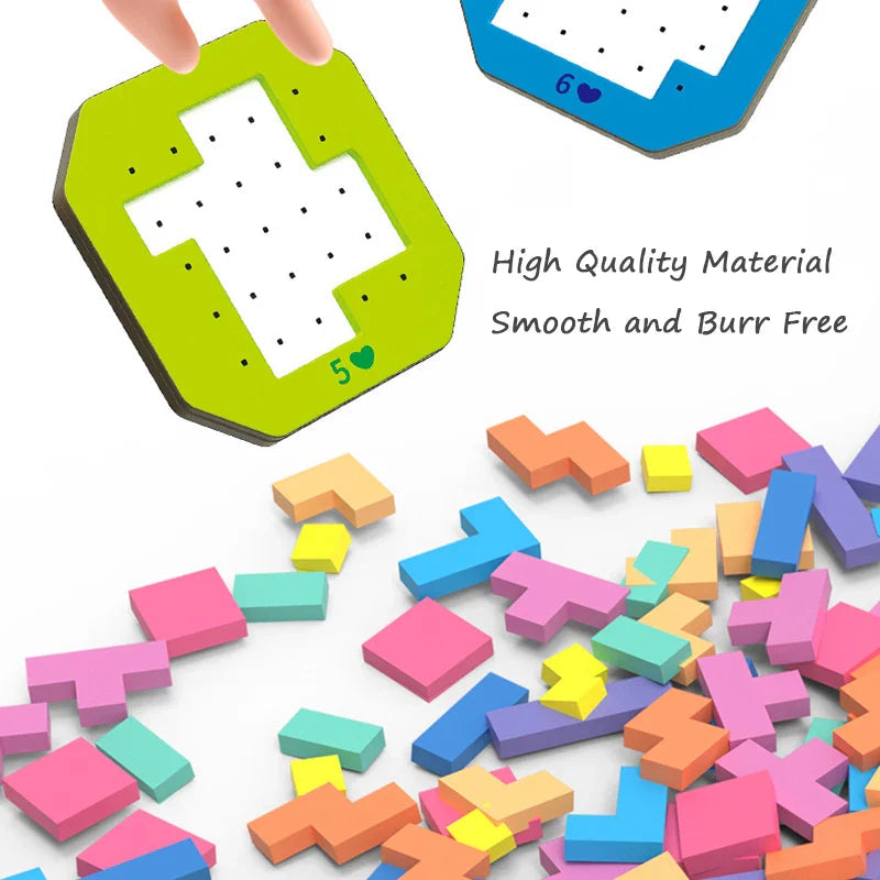 Green and blue puzzle cards beside colorful geometric pieces in several shapes