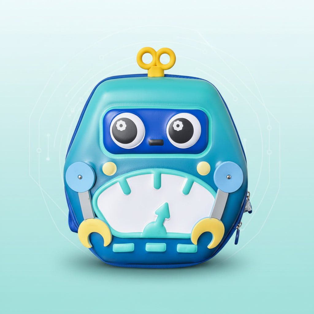 Green and blue robot backpack with raised robot features