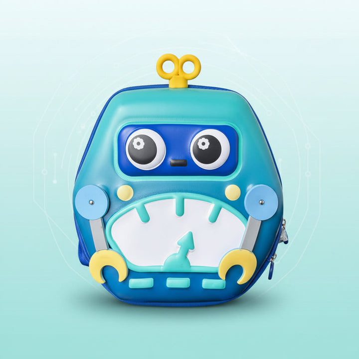 Green and blue robot backpack with raised robot features