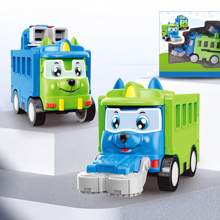 Green and blue transforming toy truck shown in two configurations