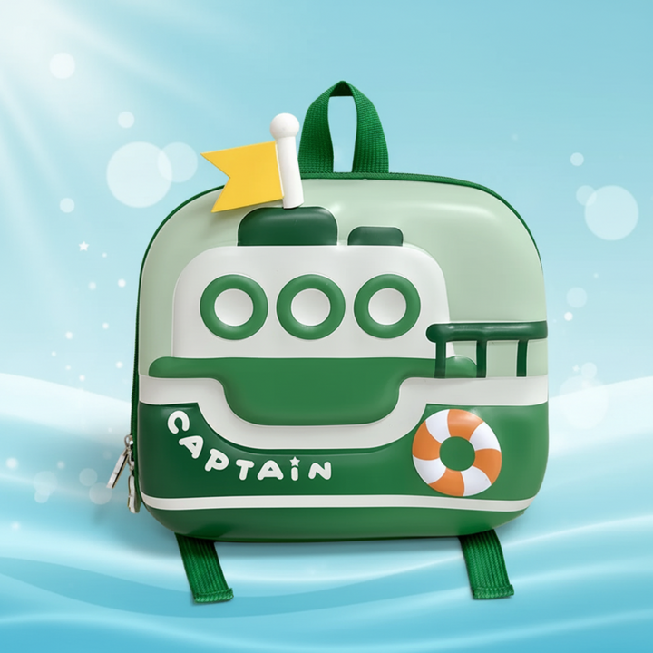Green boat backpack with a top handle, yellow flag and life ring detail