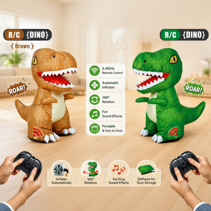Brown and green inflatable RC dinosaurs with automatic inflation, 360-degree turns and sound features