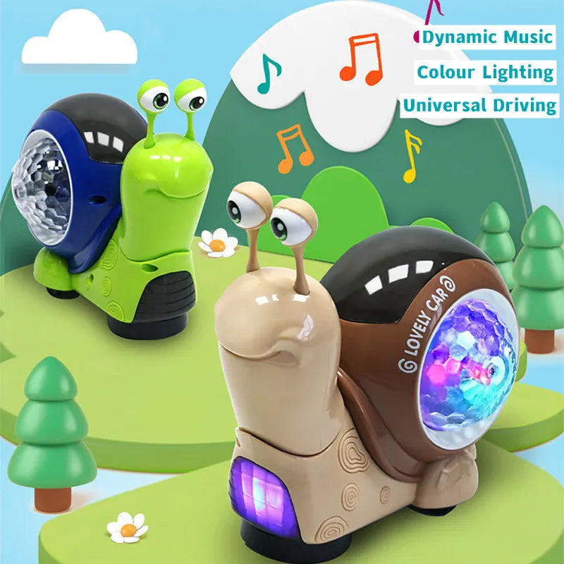 Green and brown snail toys with music, lighting, and movement graphics