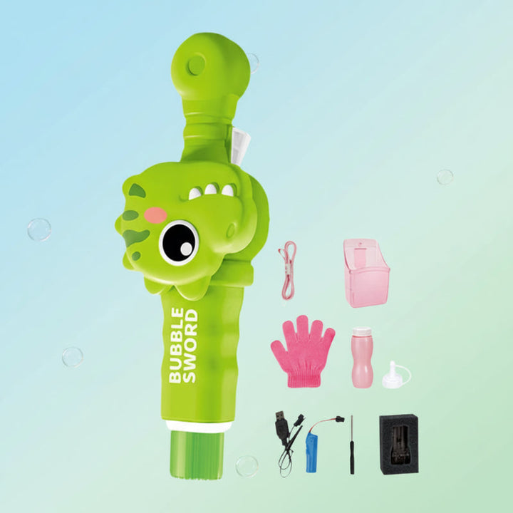 Green animal-shaped bubble maker with gloves, strap, charging cable, and accessories