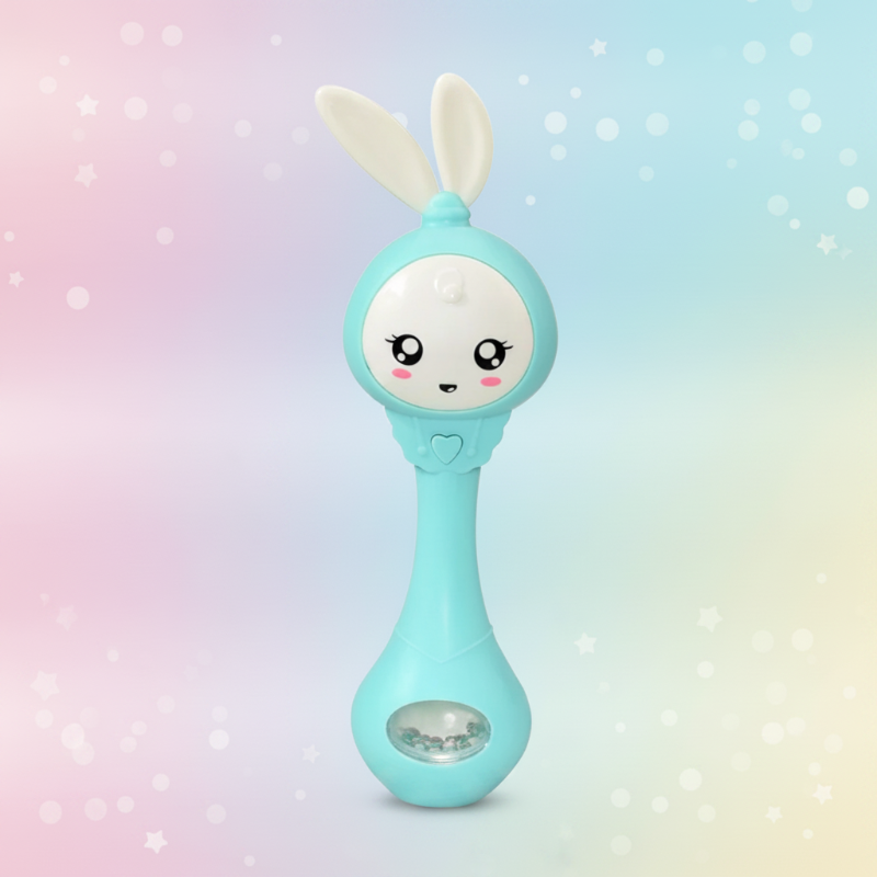 Green bunny baby rattle with long silicone ears and colorful beads in the base