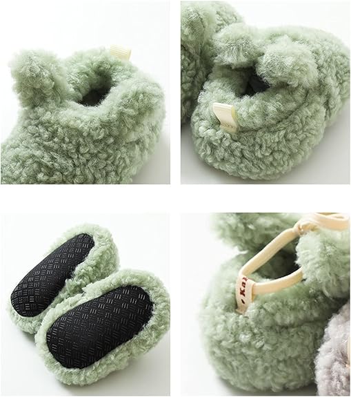Green bunny slipper details showing the fuzzy upper, ankle opening, cream bow, and textured black soles