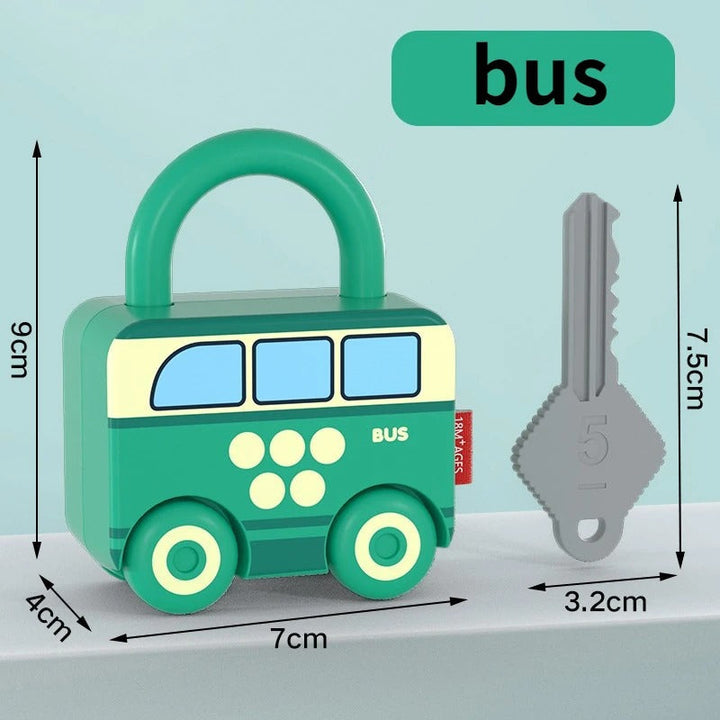 Green bus lock with a gray numbered key and measurement arrows.