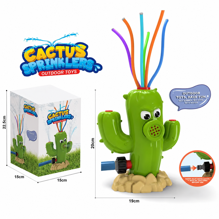 Green cactus sprinkler with colorful flexible spray tubes and a garden hose connection