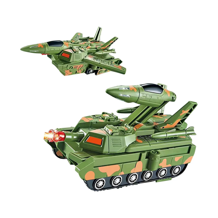 Camouflage jet and tank forms of a green transforming toy vehicle