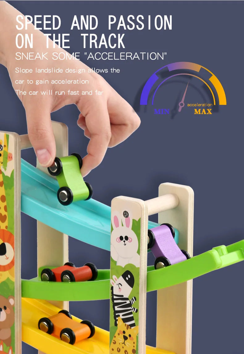 Hand placing a green car on the top ramp of the Animals wooden racer