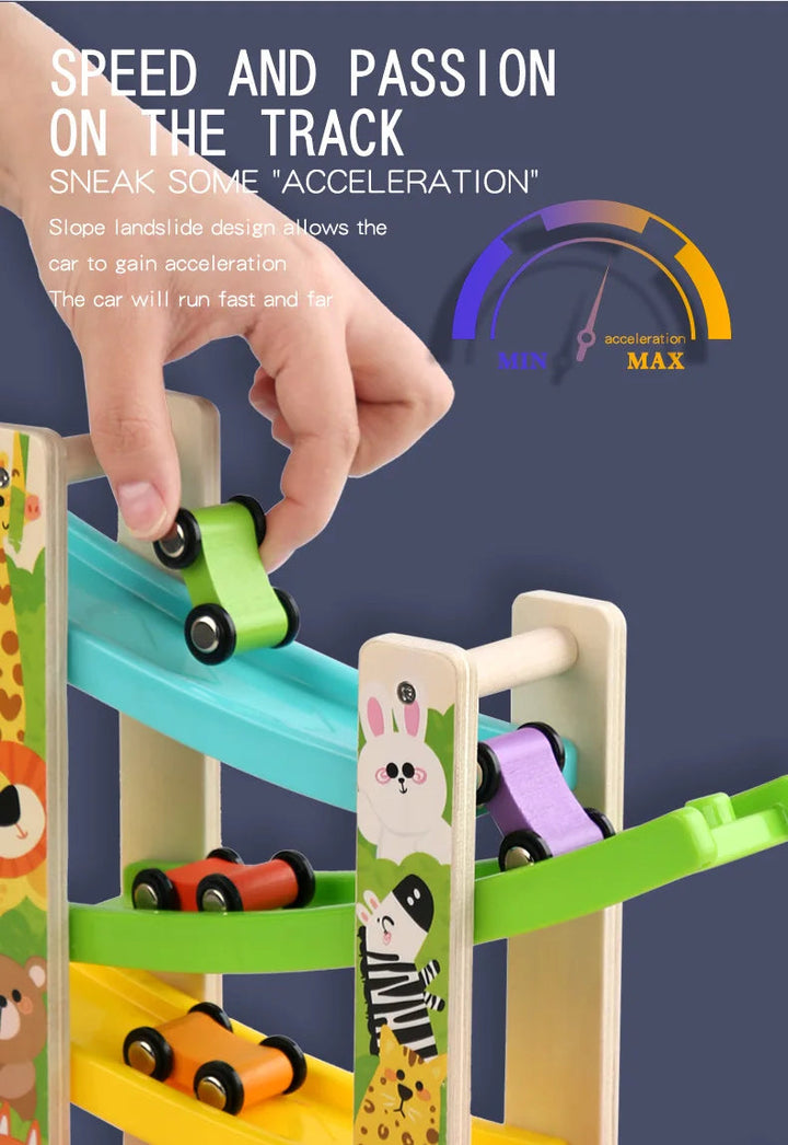 Hand placing a green car on the top ramp of the Animals wooden racer