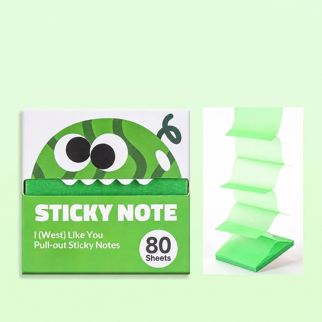 Green sticky notes with cartoon watermelon packaging beside pulled-out sheets