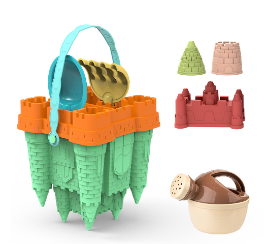 Green castle-shaped bucket with an orange rim, sand tools, three molds and a watering can
