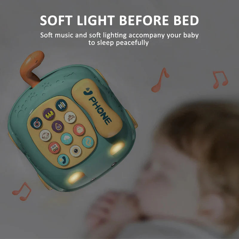 Green toy phone shown with glowing lights around its keypad