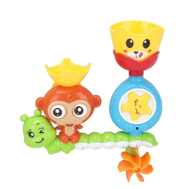 Monkey and caterpillar bath toy with an orange monkey, green base, and orange water wheel
