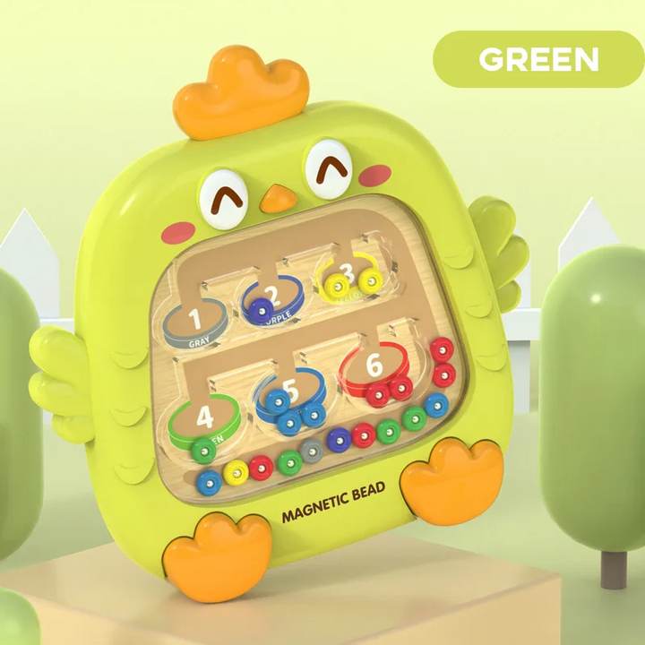 Green chick-shaped magnetic maze with colored beads and sorting spaces numbered 1 through 6.