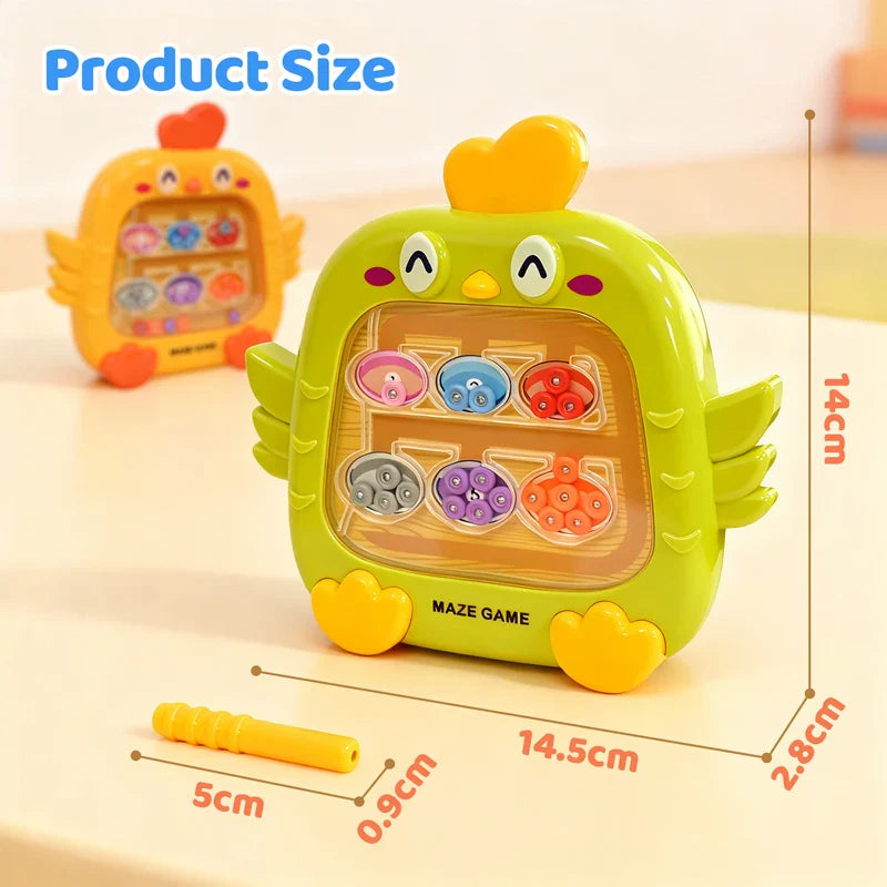 Green chick maze with board measurements of 14.5 by 14 by 2.8 cm and a 5 cm magnetic pen.