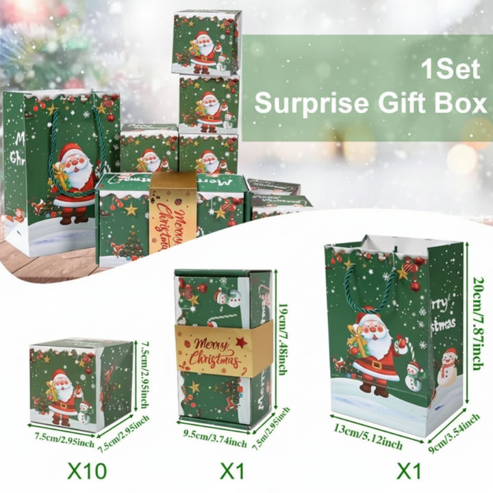 Green gift box set showing 10 small boxes, one inner box, one outer box, and measurements