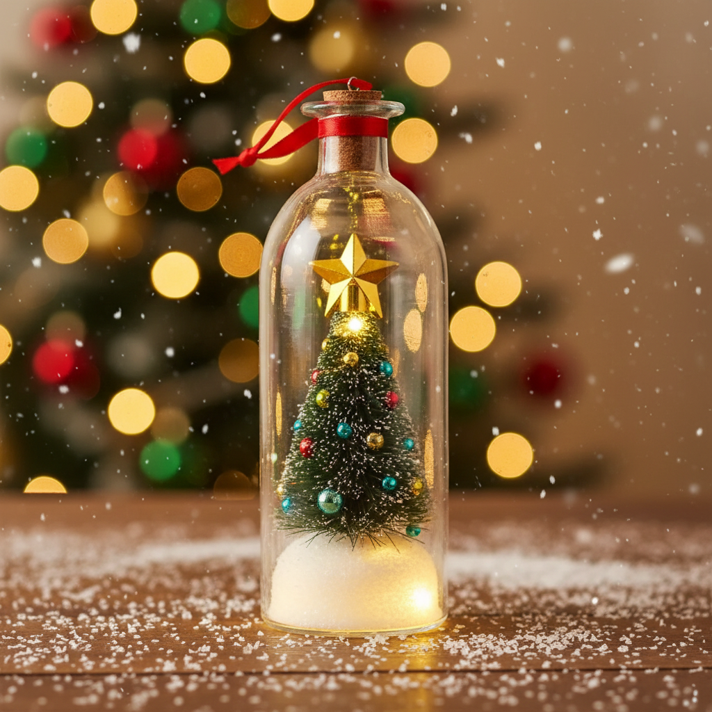 Green Christmas message bottle with a gold star and warm glow against holiday lights