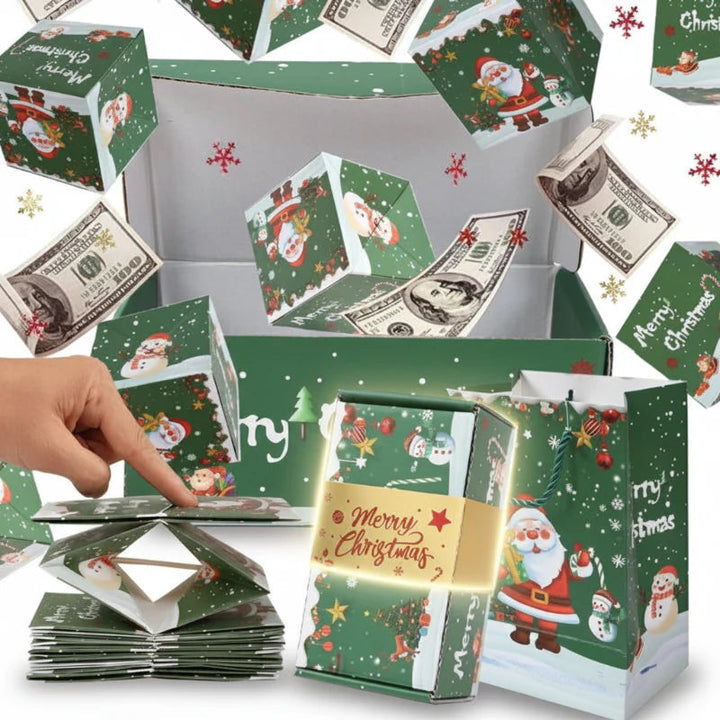 Green Christmas pop-up money gift boxes with Santa prints and a folded stack