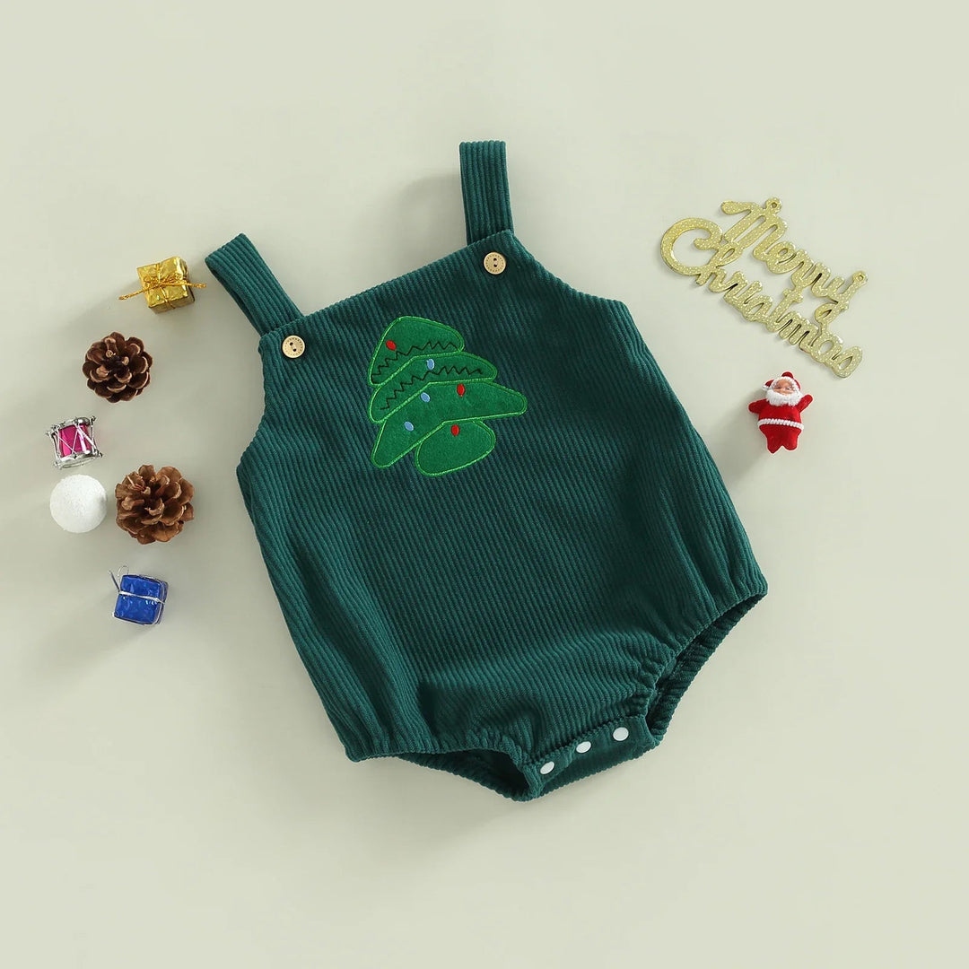 Front of green ribbed baby romper with Christmas tree design and bottom snaps