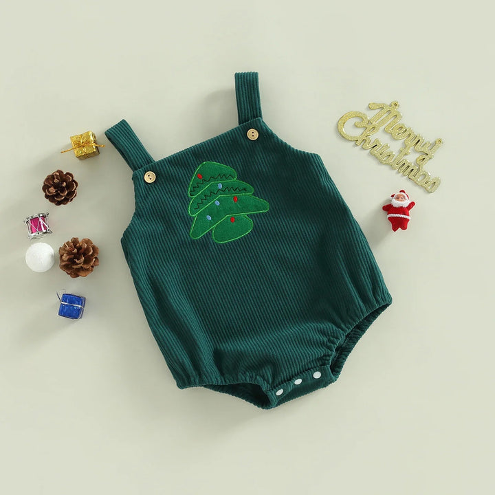 Front of green ribbed baby romper with Christmas tree design and bottom snaps