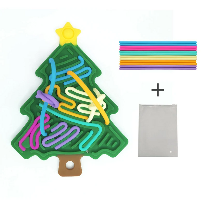 Green Christmas tree fidget with colorful cords and a storage bag