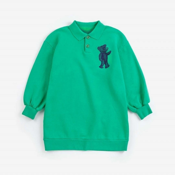 Green long-sleeve collared sweatshirt with a button placket and dark bear graphic